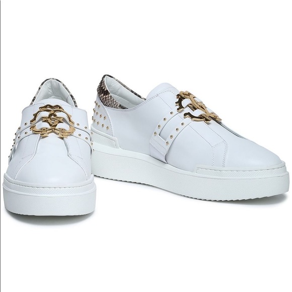 Roberto Cavalli Shoes - Roberto Cavalli White embellished leather sneakers